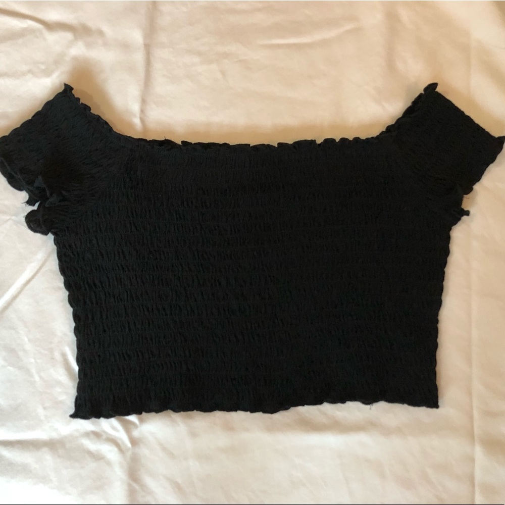 Black smocked off the shoulder crop top